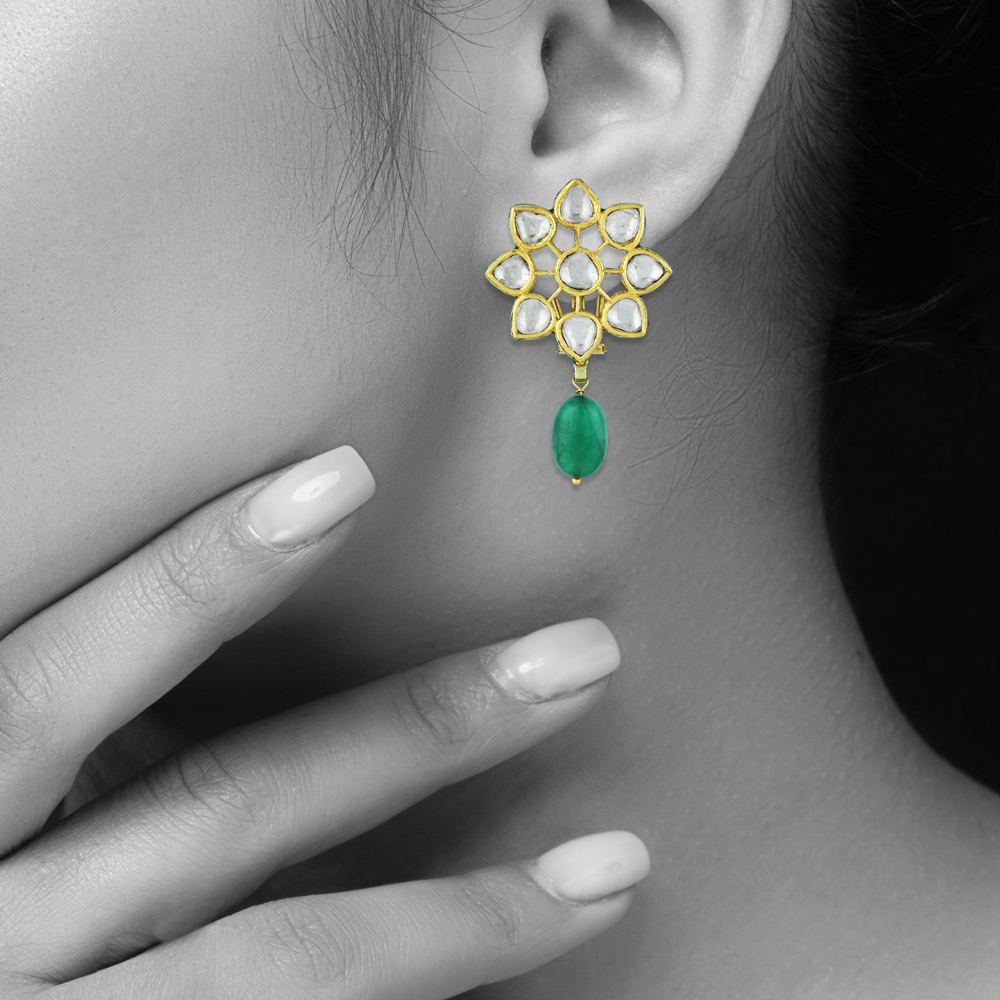 Floral Polki Earrings with Emerald Drops